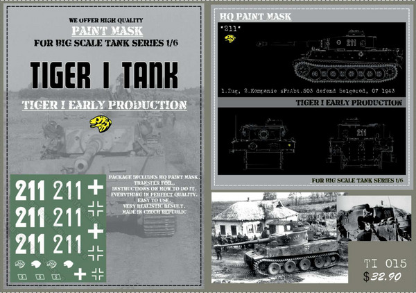 HQ-TI015 1/6 Tiger I #211 Early Production, 1.Zug, 2.Kompanie s.Pz.Abt.503 defend Belgorod, 07.1943 Paint Mask #HQ-TI015