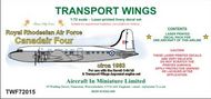  AIM - Transport Wings  1/72 Royal Rhodesian Air Force Canadair C-4 Argonaut (circa 1963) decal set TWF72015