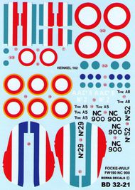  Berna Decals  1/32 Heinkel He.162A-2 Salamander and Focke-Wulf Fw.190A-5/Fw.190A-8 captured and in French colours (4 schemes) BER32021