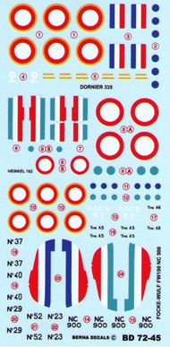  Berna Decals  1/72 Dornier Do.335, Heinkel He.162 and Focke-Wulf Fw.190A-5/Fw.190A-8 in French colours (9 schemes) - Pre-Order Item BER72045