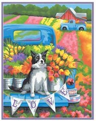  Dimensions  NoScale Flower Power Dog in back of Pickup Truck w/Spring Flowers Paint by Number (11"x14") DMS91775
