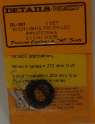  DETAILS WEST  HO Ditch Lights Pre-Drilled w/Platform & 3.0v Bulbs (1 Set) DTW361