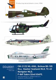 Dutch Decal  1/48 CW-21/22 ML-KNIL, Beechcraft TC-45, Sea Hawk MLD. F-86F Sabre 32th USAFE, Bolkow 105 KLu. DD48081