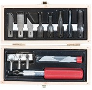 Woodworking Tool Set: Gouges, Routers, Blades & Handle (Wooden Box) #EXL44284