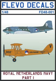  Flevo Decals  1/48 Royal Netherlands Navy Pt 1 (8) North-American B-25D Mitchell 1-21; 1-18; 18-3; 13-1; 2-2 ex RAF 320 Dutch Sqn 1946-7; R4D-1 Dakota B/018; B/019 Dutch New Guines 1960-61; de Havilland DH.82 Tiger Moth 001/K; 002/V 1956-65 FV48001