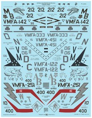 features markings for six McDonnell-Douglas F/A-18/C Hornets as they appeared during different combat operations. This is a 2 sheet set with the main sheet measuring 8.5 x 11.0 inches and the insert measuring 7.0 x 8.5 inches and printed by Microscale. Ma #ORDFL32003