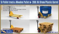5t Pallet truck & Wooden Pallet w- 200L Oil Drum-Plastic Barrel Set #GKO350034