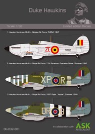 The sets include 3 schemes:1. Hawker Hurricane Mk.IIb of the Belgian Air Force, 19472. Hawker Hurricane Mk.IIb of the RAF, 174 Squadron, Operation Rutter 19423. Hawker Hurricane Mk.IIc of the RAF, 1697 Flight, 1944 - Pre-Order Item #DH-D32-001
