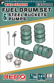 WWII German Fuel Drums (4), Pump Pipes (2) & Steel Buckets (2) #HHKE35004