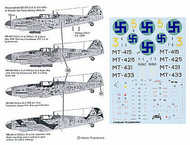 Messerschmitt Bf.109G-6. Serials and markings for 4 aircraft in RLM 74/75/76 Luftwaffe camo, rudder numbers, swa stika national insignia. #IS03048