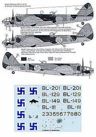  Inscale  1/48 Bristol Blenheim Mk.I, Mk.II, Mk.IV 1941-44. Markings for 4 aircraft in standard black, olive green and light blue/grey or silver camouflage. Wolverine and Bomb riding Devil nose art IS03148