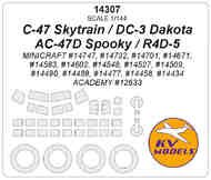 Douglas C-47 Skytrain / DC-3 Dakota / AC-47D Spooky / R4D-5 wheels and canopy frame paint masks (outside only) (des KV14307