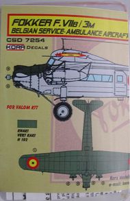 Kora Models  1/72 Fokker F.VIIB/3M Belgium (Ambulance) conversion set and decal (designed to be used with Valom kits) KORCS7254