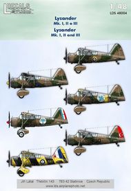 Westland Lysander Mk.1, II and III (6) RAF L4723 208(AC) Sqn Egypt 1938; KJ-L 18(AC) Sqn Old Sarum 1938; RCAF TT Mk.III I587 ex RAF V9285 1942; Turkish Air Force 3130 1940; Free French Air Force Chad 1941; Finland LY-121 2LeLv.16 1941 #LDS48004