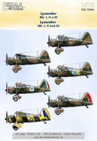 Westland Lysander Mk.I, Mk.II and Mk.III (6) RAF L4723 208(AC) Sqn Egypt 1938; KJ-L 18(AC) Sqn Old Sarum 1938; RCAF TT Mk.III I587 ex RAF V9285 1942; Turkish Air Force 3130 1940; Free French Air Force Chad 1941; Finland LY-121 2LeLv.16 1941 #LDS72004