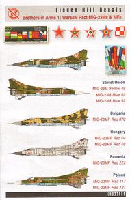 Mikoyan MiG-23M and Mikoyan MiG-23MF Flogger B 'Brothers in Arms Part 1 - Warsaw Pact Mikoyan MiG-23M and Mikoyan MiG-23MF, 1976-1990'. (9) Soviet Union Yellow 49; Blue 02; Blue 92; Bulgaria Red 870; Hungary Red 04; Red 08; Romania Red 222; Poland Red 117 #LH32009