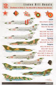  Linden Hill  1/48 Mikoyan MiG-21R Fishbed in Warsaw Pact Service (12) Red 01 USSR 1968; Red 532 Germany GDR 1973; Red 709 Star National Insignia or Red 9612 Roundel 1995 both Romania; Red 9512 or Red 9309 Star National Insignia or Red 4405 Chevron Insignia all Hungary; Red LH48027