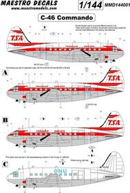  Maestro Models  1/144 Curtiss C-46 Commando decal TransAir Decals options to make any of Trans Airs C-46 airframe - in either early or late livery PLUS version in UN service. Colour instruction sheet (designed to be used with Platz but should fit Welsh Models kits) MMMD14401