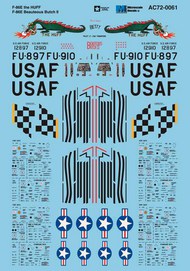  Microscale Decals  1/72 North-American F-86E Sabre (2) 12897FU-897 51st FIW Lt James Thompson 'The Huff'; 12910 16th FS, 51st FIW Col Joseph McConnell Jnr 'Beauteous Butch II/Betty' 16 Kills. Stencil Data included for both. AC720061