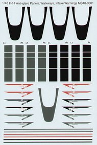  Microscale Decals  1/48 Grumman F-14 Tomcat Anti-glare panels, black and grey wing walkways, red, black and grey intake warnings [F-14A F-14B F-14D] MS48001