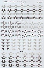  Microscale Decals  1/48 US National Insignia Stars and Bars. Lo Viz styles for Grumman F-14, McDonnell F-15, F-16 and McDonnell-Douglas F-18 MS48006