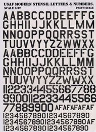  Print Scale Decals  1/32 USAF modern stencil letters and numbers Black PSL32003
