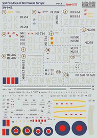  Print Scale Decals  1/72 Supermarine Spitfire Aces of Northwest Europe 1944-45 Pt.1 PSL72382