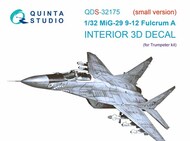  Quinta Studio  1/32 Mikoyan MiG-29 9-12 Fulcrum A 3D-Printed & coloured Interior on decal paper OUT OF STOCK IN US, HIGHER PRICED SOURCED IN EUROPE QTSQDS32175