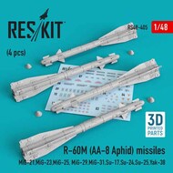  ResKit  1/48 R-60 (AA-8 Aphid) missiles (4 pcs) ( Mikoyan MiG-21, MiG-23,MiG-25, MiG-29,MiG-31,Sukhoi Su-17,Sukhoi Su-24,Sukhoi Su-25,Yak-38) (3D printing) OUT OF STOCK IN US, HIGHER PRICED SOURCED IN EUROPE RS48-0405