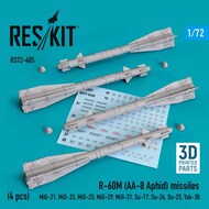 ResKit  1/72 R-60 (AA-8 Aphid) missiles (4 pcs) ( Mikoyan MiG-21, MiG-23,MiG-25, MiG-29,MiG-31,Sukhoi Su-17,Sukhoi Su-24,Sukhoi Su-25,Yak-38) (3D printing) OUT OF STOCK IN US, HIGHER PRICED SOURCED IN EUROPE RS72-0405