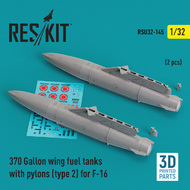 370 Gallon wing fuel tanks with pylons (type 2) for Lockheed-Martin F-16A/F-16B/F-16C/F-16D/F-16E/F-16F/F-16I (2 pcs) (3D-Printed) #RSU32-0145