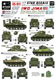  Star Decals  1/35 Iwo Jima. Sherman Gun and Flame tanks. M4A2 Mid production, M4A2 Flame tank, M4A3 Flame tank. OUT OF STOCK IN US, HIGHER PRICED SOURCED IN EUROPE SRD35911