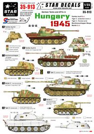  Star Decals  1/35 German tanks in Hungary 1945. Panther Ausf.G , Tiger 2, Marder 2. Hungary and Balaton in 1945. Panther Ausf.G Tiger 2, Tiger 2 (Porsche turret) Munitionsschlepper Wespe, Marder 2. OUT OF STOCK IN US, HIGHER PRICED SOURCED IN EUROPE SRD35913