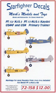  Starfighter Decals  1/72 PT13/N2S3 PT17/N2S5 Kaydet USAAF & USN Primary Trainer for RVL OUT OF STOCK IN US, HIGHER PRICED SOURCED IN EUROPE SFA72158