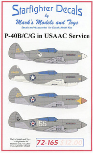  Starfighter Decals  1/72 P-40B P-40C P-40G Warhawk in USAAC Service SFA72165