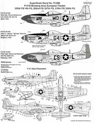  Super Scale Decals  1/72 North-American P-51D Mustang Aces 8th Air Force (3) 472308 WD-A Maj Pierce McKennon CO 335FS/4FG 'Ridge Runner' red nose,white rudder; 463221 G4-S Lt M.Beecroft 362FS/357FG 'Moose' red/yellow nose; 414733 CS-L Capt Wetmore 370FS/359FG 'Daddys Girl' green SSI72806