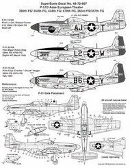  Super Scale Decals  1/72 North-American P-51D Mustang Aces (3) 415622 AJ-T Lt.Col. Richard Turner CO 356FS/354FG 'Short Fuse' red spinner; 472922 L2-W Major Robin Olds 434FS/479FG red rudder; 414888 B6-Y Capt Chuck Yaeger 363FS/357FG 'Glamorous Glen III' red/yellow nose, red rudd SSI72807