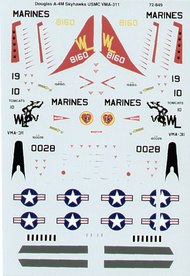  Super Scale Decals  1/72 Douglas A-4M Skyhawk VMA-311 Tomcats (2) 158160 WL/19 1974 with red fin; 160028 WL/10 1978 with cat on fin. SSI72849