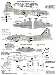 Super Scale Decals  1/72 Boeing B-17F/B-17G Flying Fortress (3) F 41-2438 63 BS/43 BG Lt H.Derr Pacific; G 42-31534 XR-N 349 BS/100 BG 'Shilaylee' Thorpe Abbotts 1944; both OD/grey; 297165 C4-Y 253 BS/301 BG 'Sleepy Time Gal' Italy 1944 Natural metal SSI72891