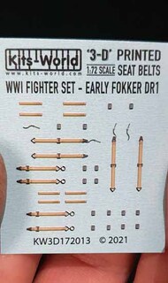  Kits-World/Warbird Decals  1/72 WWI Fighter Set - Early Fokker DR.I Triplane Full Colour 3D Seat Belt decals. WBS3D172013