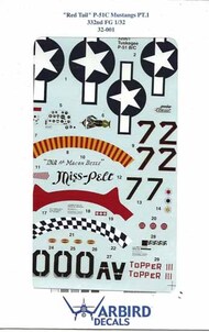  Kits-World/Warbird Decals  1/32 P-51C Mustang Pt 1 "Red Tail" Tuskegee Airmen 332FG #32001" WBD32001