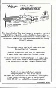  Kits-World/Warbird Decals  1/48 P-51B Mustang Blue Nose #48011 WBD48011