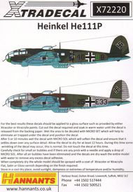  XtraDecal  1/72 Heinkel He 111P-2 (8) 1G+BB Stab1/KG27 'Der a XD72220