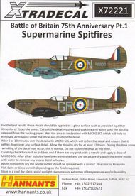  XtraDecal  1/72 Supermarine Spitfire Mk.Ia Battle of Britain XD72221