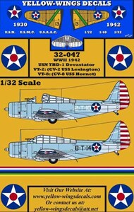  Yellow Wings Decals  1/32 Early WWII U.S. Navy Douglas TBD-1 Devastator, VT-2 USS Lexington, VT-8 USS Hornet YWD32047
