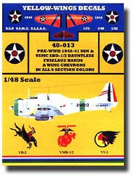  Yellow Wings Decals  1/48 Pre-WWII 1940-41 USN & USMC SBD1/2 Dauntless Fuselage Bands & Wing Chevrons in All 6 Section Colors YWD48013