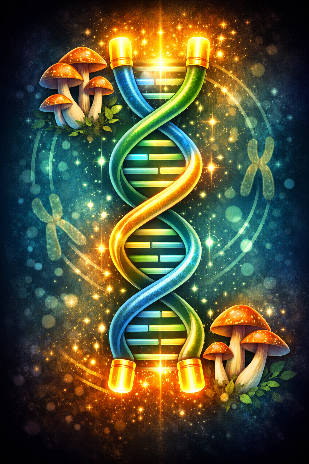 Stylized DNA and telomere illustration inspired by psilocybin aging research