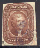 12 5c Jefferson, red brown, Imperforate Used AVG-F #12usedqvg