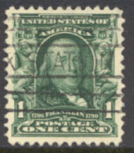 300 1c Franklin, blue green, Used, Minor defects #300usedmd