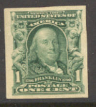 314 1c Franklin, blue green Imperforate, Unused OG  F-VF #314g